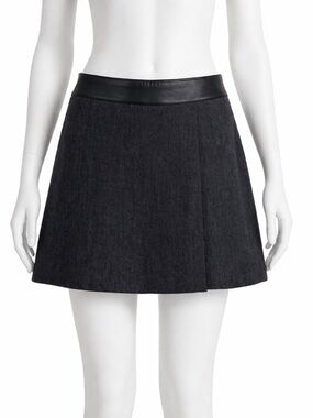 Marisa Miniccuci Grey Wool Faux Wrap Leather Waistband Mini Skirt Sz 8